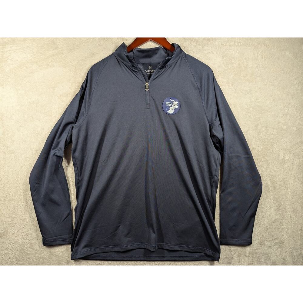 G/Fore Navy Blue 1/4 Zip Pullover Size LARGE Shin Ramyun Logo Badge Golf Perform